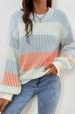 Best Dear-Lover Colorblock Textured Knit Bubble Sleeve Sweater Multicolour