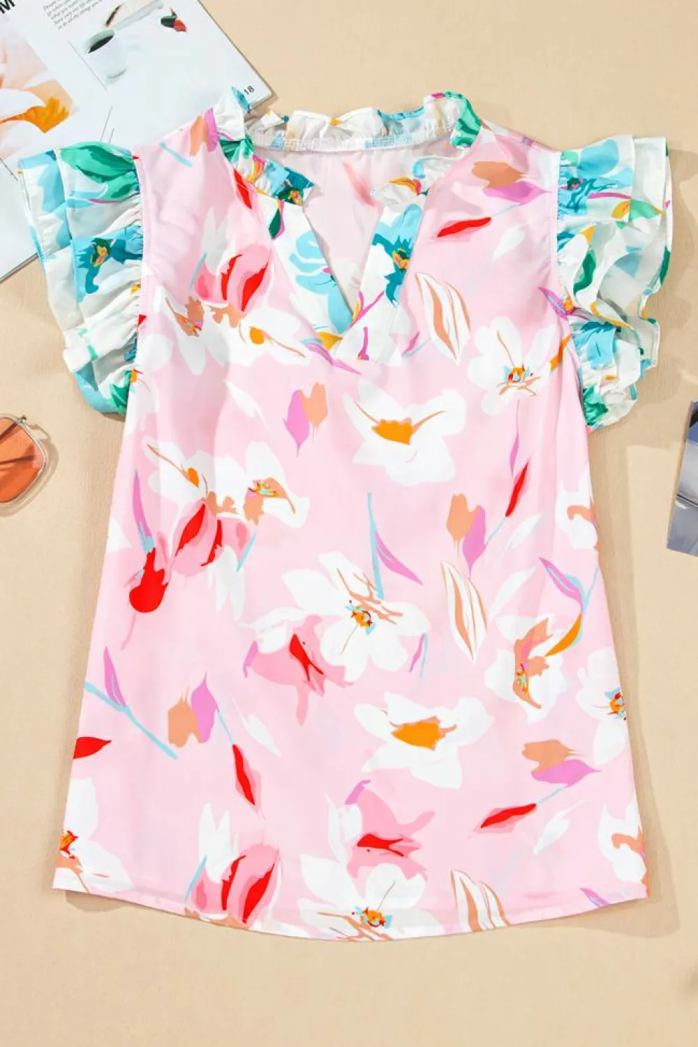 Online Dear-Lover Contrast Floral Patchwork Notched Neck Flutter Sleeve Blouse Multicolour