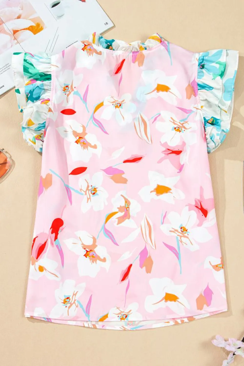 Online Dear-Lover Contrast Floral Patchwork Notched Neck Flutter Sleeve Blouse Multicolour