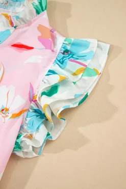 Online Dear-Lover Contrast Floral Patchwork Notched Neck Flutter Sleeve Blouse Multicolour