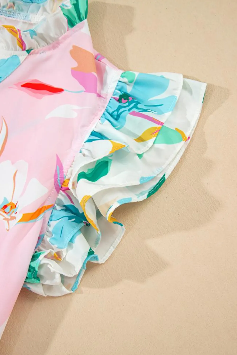 Online Dear-Lover Contrast Floral Patchwork Notched Neck Flutter Sleeve Blouse Multicolour