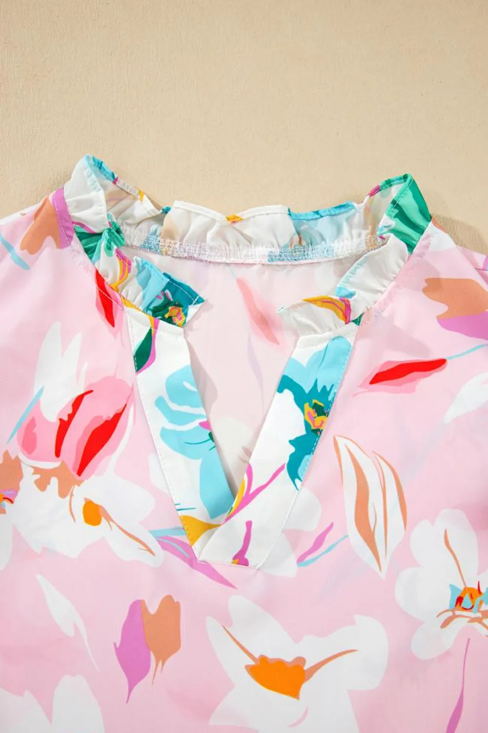 Online Dear-Lover Contrast Floral Patchwork Notched Neck Flutter Sleeve Blouse Multicolour