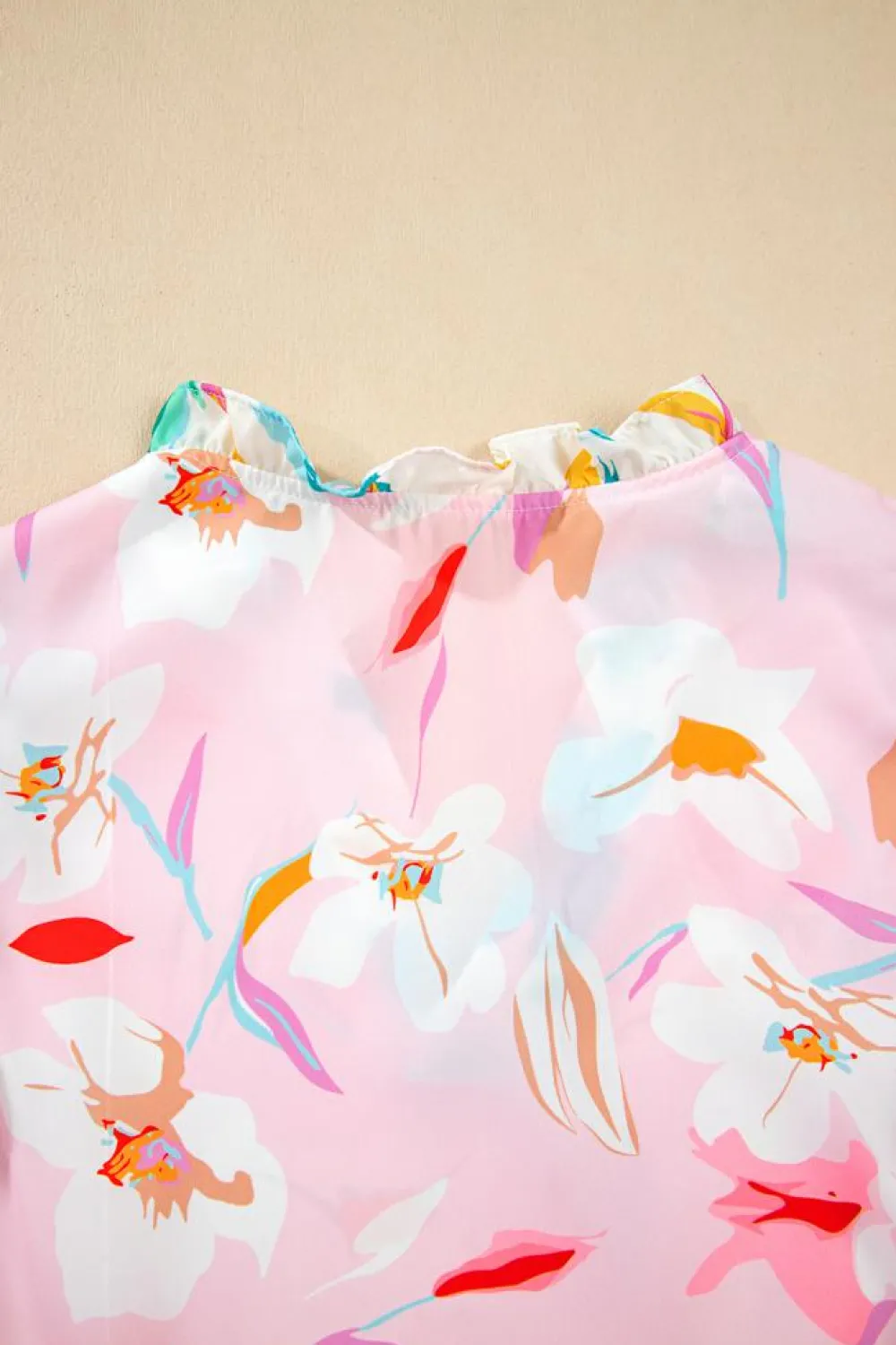 Online Dear-Lover Contrast Floral Patchwork Notched Neck Flutter Sleeve Blouse Multicolour