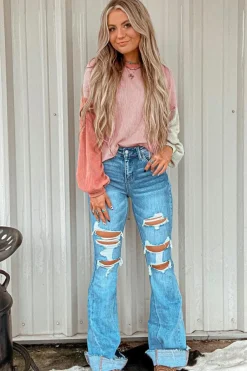 Hot Dear-Lover Corded Colorblock Patchwork Drop Shoulder Long Sleeve Top Multicolour