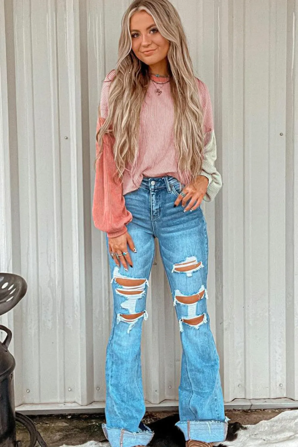 Hot Dear-Lover Corded Colorblock Patchwork Drop Shoulder Long Sleeve Top Multicolour