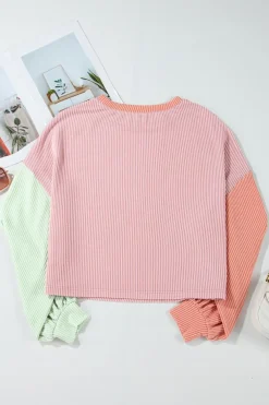 Hot Dear-Lover Corded Colorblock Patchwork Drop Shoulder Long Sleeve Top Multicolour
