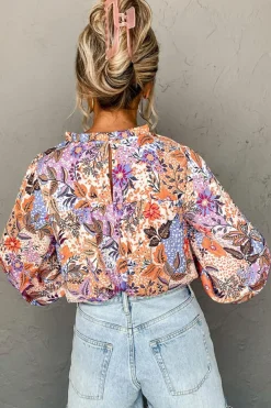 Best Dear-Lover Floral Bishop Sleeve Frilled Round Neck Blouse Multicolour