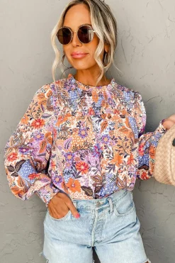 Best Dear-Lover Floral Bishop Sleeve Frilled Round Neck Blouse Multicolour
