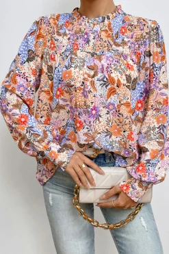 Best Dear-Lover Floral Bishop Sleeve Frilled Round Neck Blouse Multicolour