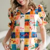 Fashion Dear-Lover Floral Checker Print Ruffled Short Puff Sleeve Blouse Multicolour