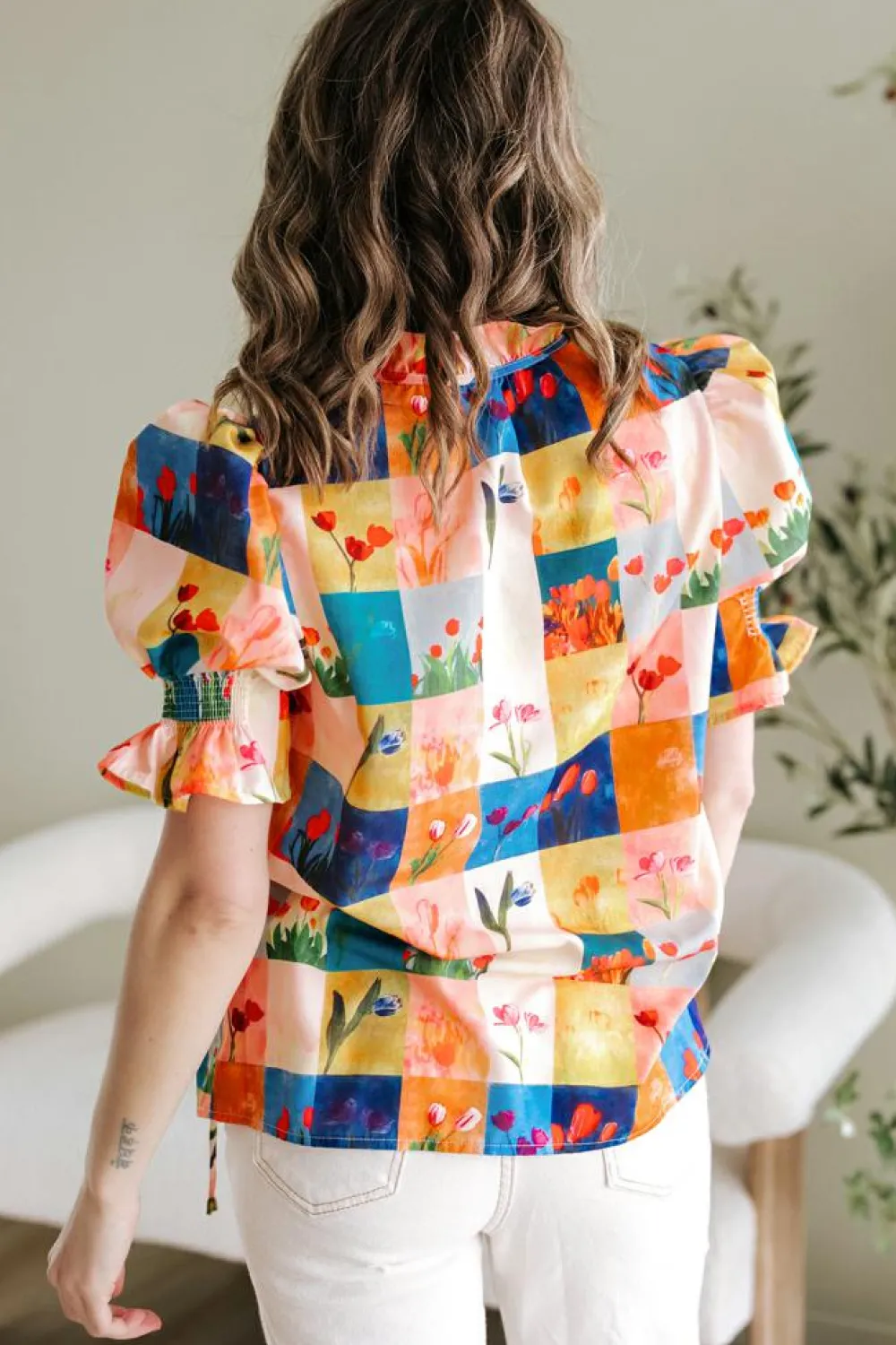 Fashion Dear-Lover Floral Checker Print Ruffled Short Puff Sleeve Blouse Multicolour