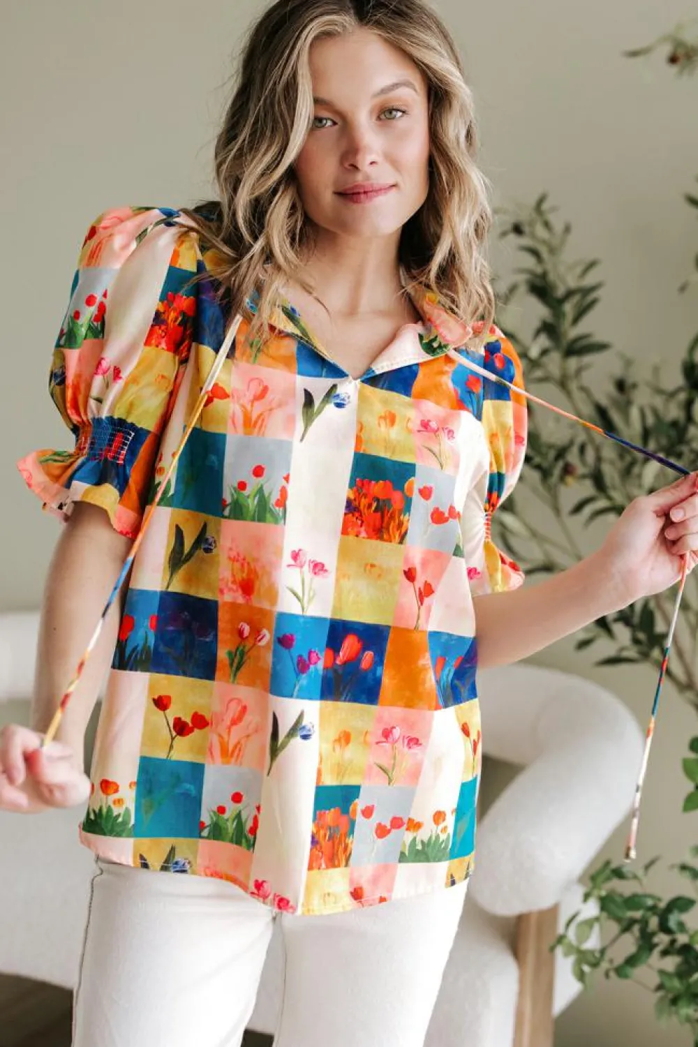 Fashion Dear-Lover Floral Checker Print Ruffled Short Puff Sleeve Blouse Multicolour