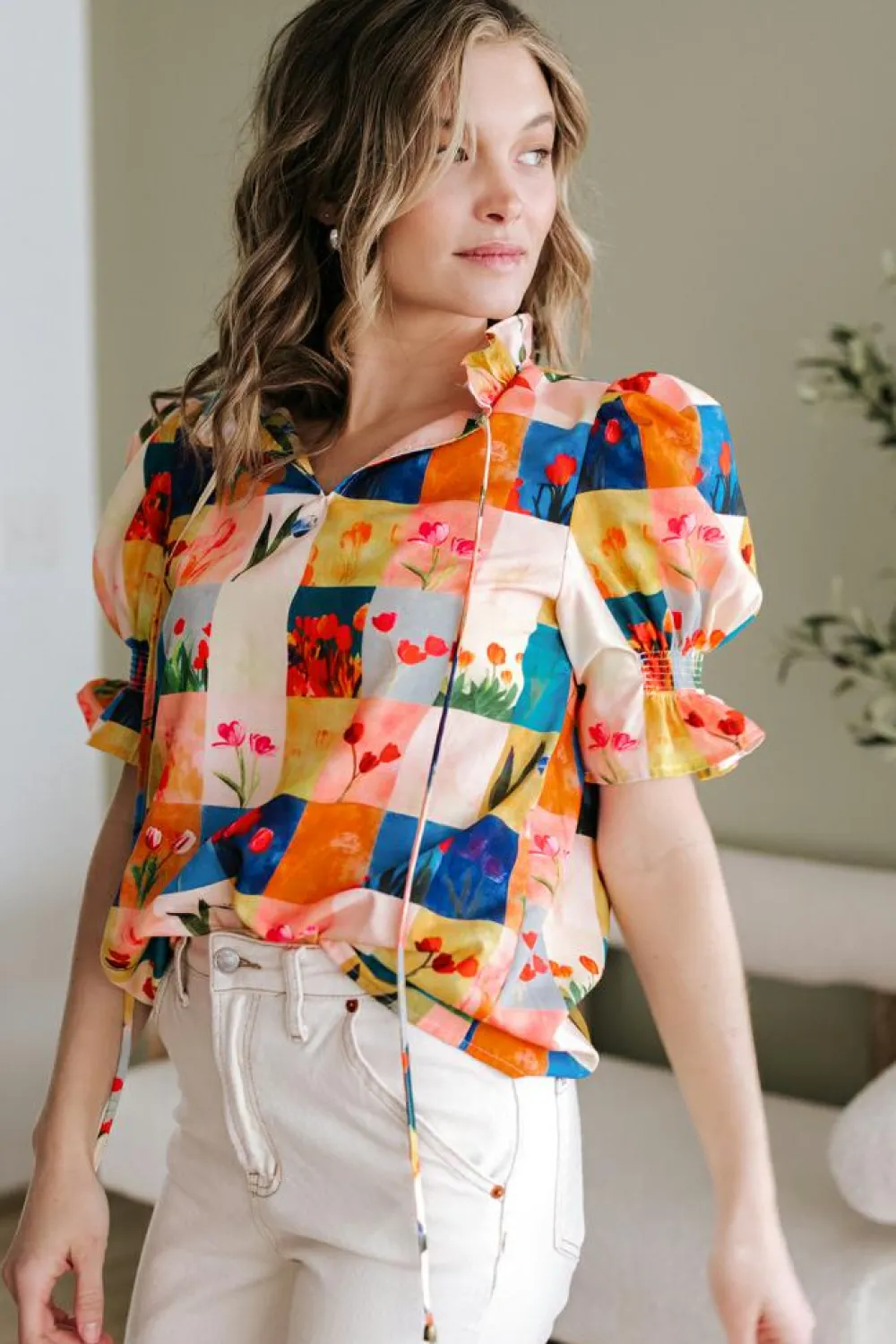 Fashion Dear-Lover Floral Checker Print Ruffled Short Puff Sleeve Blouse Multicolour