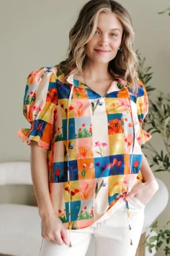 Fashion Dear-Lover Floral Checker Print Ruffled Short Puff Sleeve Blouse Multicolour