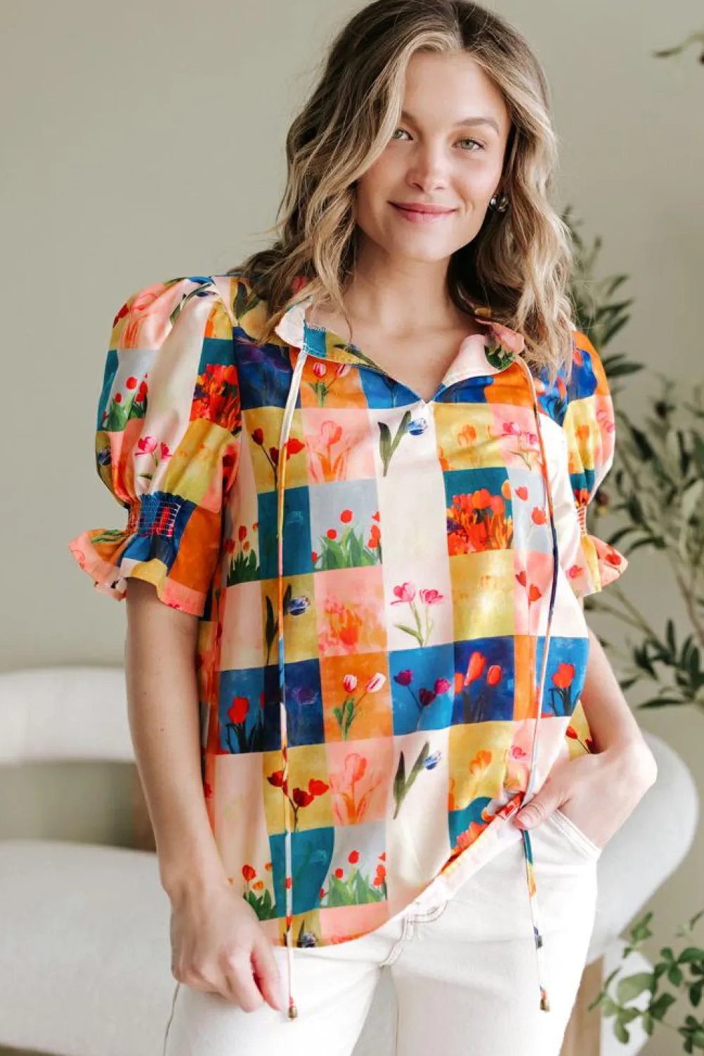 Fashion Dear-Lover Floral Checker Print Ruffled Short Puff Sleeve Blouse Multicolour