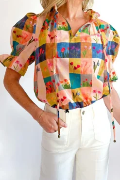 Fashion Dear-Lover Floral Checker Print Ruffled Short Puff Sleeve Blouse Multicolour
