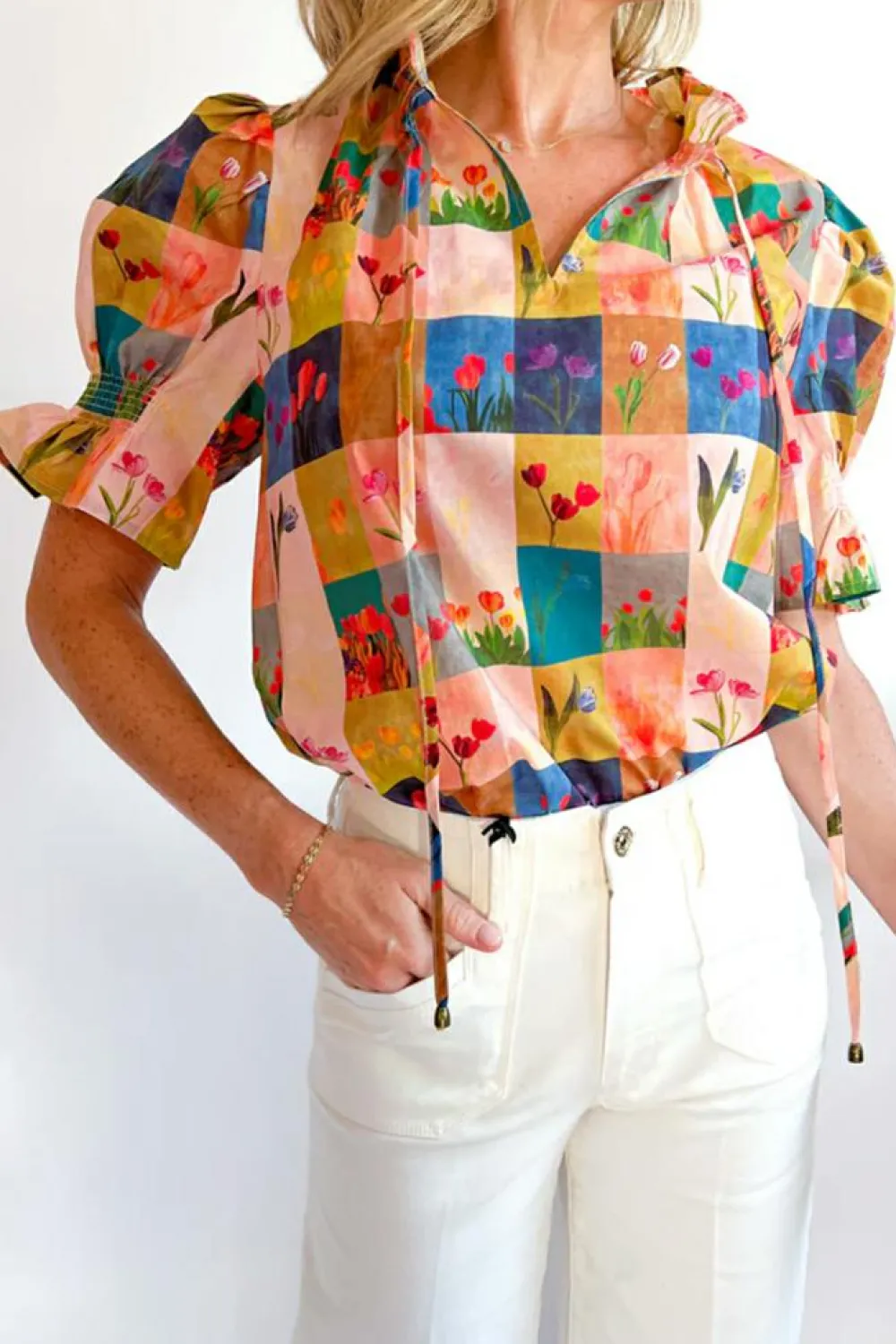 Fashion Dear-Lover Floral Checker Print Ruffled Short Puff Sleeve Blouse Multicolour