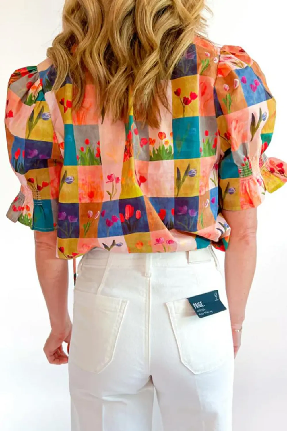Fashion Dear-Lover Floral Checker Print Ruffled Short Puff Sleeve Blouse Multicolour