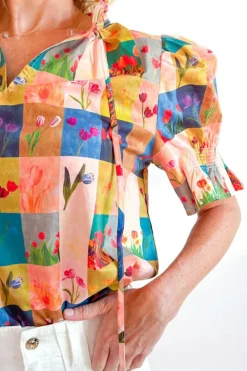 Fashion Dear-Lover Floral Checker Print Ruffled Short Puff Sleeve Blouse Multicolour
