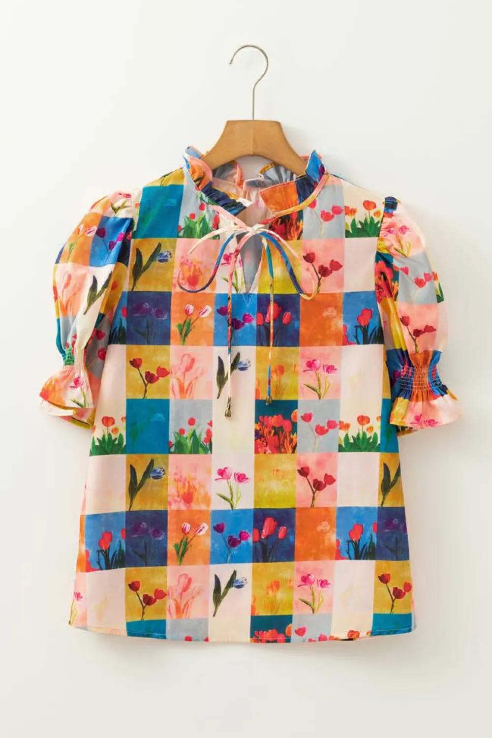 Fashion Dear-Lover Floral Checker Print Ruffled Short Puff Sleeve Blouse Multicolour
