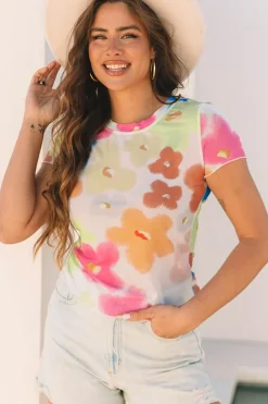 Discount Dear-Lover Floral Mesh Lettuce Trim Cropped T Shirt Multicolour