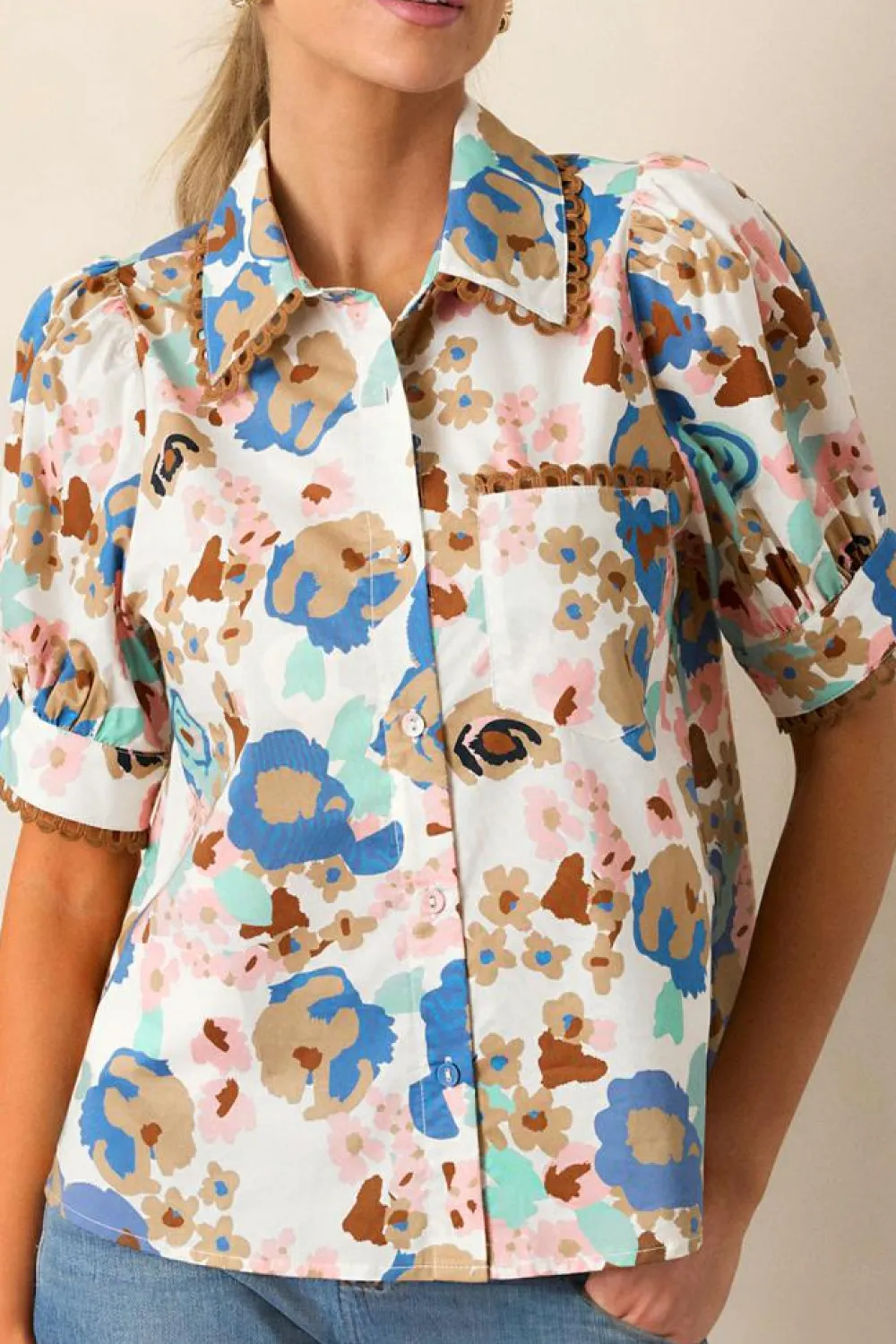 Outlet Dear-Lover Floral Print Ricrac Trim Collared Puff Short Sleeve Shirt Multicolour