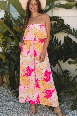 Best Dear-Lover Floral Print Ruffled High Waist Tube Top Loose Jumpsuit Multicolour