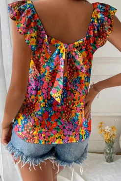 Sale Dear-Lover Floral Print Cap Sleeve Square Neck Back Knot Blouse Multicolour