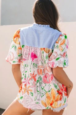 Online Dear-Lover Floral Print Striped Yoke Frilled V Neck Puff Short Sleeve Blouse Multicolour