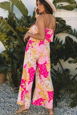 Best Dear-Lover Floral Print Ruffled High Waist Tube Top Loose Jumpsuit Multicolour