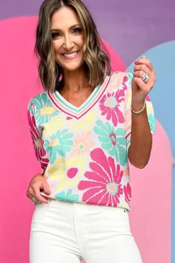 Hot Dear-Lover Floral Print V Neck Short Sleeve Sweater Multicolour