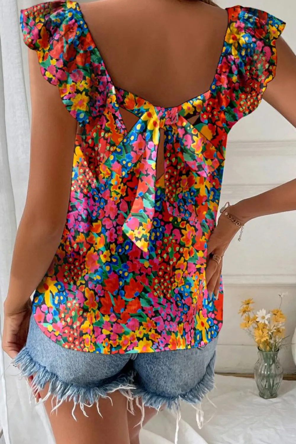 Sale Dear-Lover Floral Print Cap Sleeve Square Neck Back Knot Blouse Multicolour
