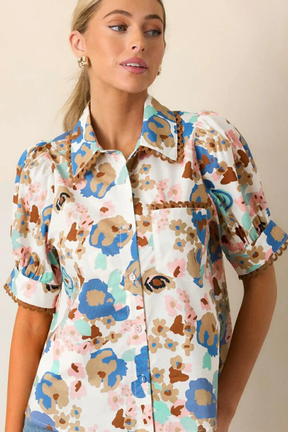 Outlet Dear-Lover Floral Print Ricrac Trim Collared Puff Short Sleeve Shirt Multicolour