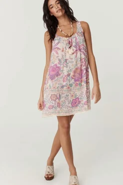 Best Dear-Lover Floral Print Fringed Tie U Neck Sleeveless Mini Dress Multicolour