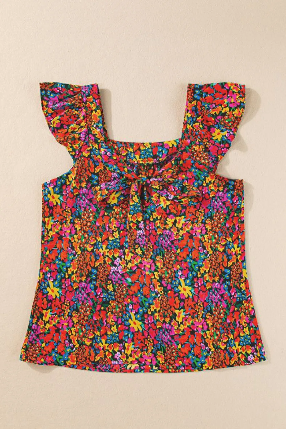 Sale Dear-Lover Floral Print Cap Sleeve Square Neck Back Knot Blouse Multicolour