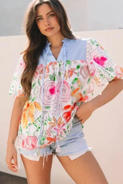 Online Dear-Lover Floral Print Striped Yoke Frilled V Neck Puff Short Sleeve Blouse Multicolour