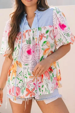 Online Dear-Lover Floral Print Striped Yoke Frilled V Neck Puff Short Sleeve Blouse Multicolour