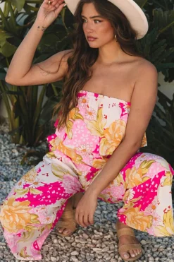Best Dear-Lover Floral Print Ruffled High Waist Tube Top Loose Jumpsuit Multicolour
