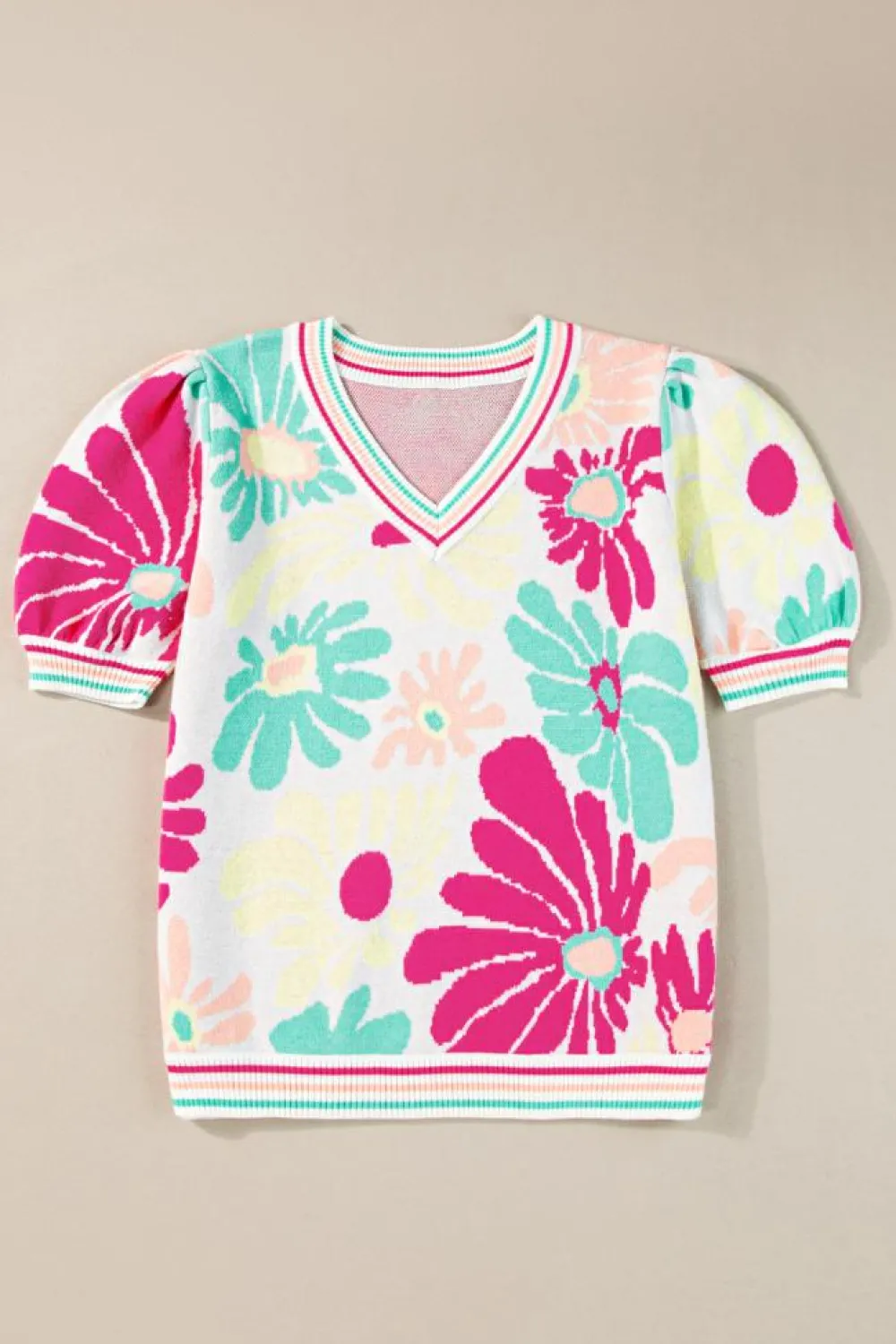 Hot Dear-Lover Floral Print V Neck Short Sleeve Sweater Multicolour