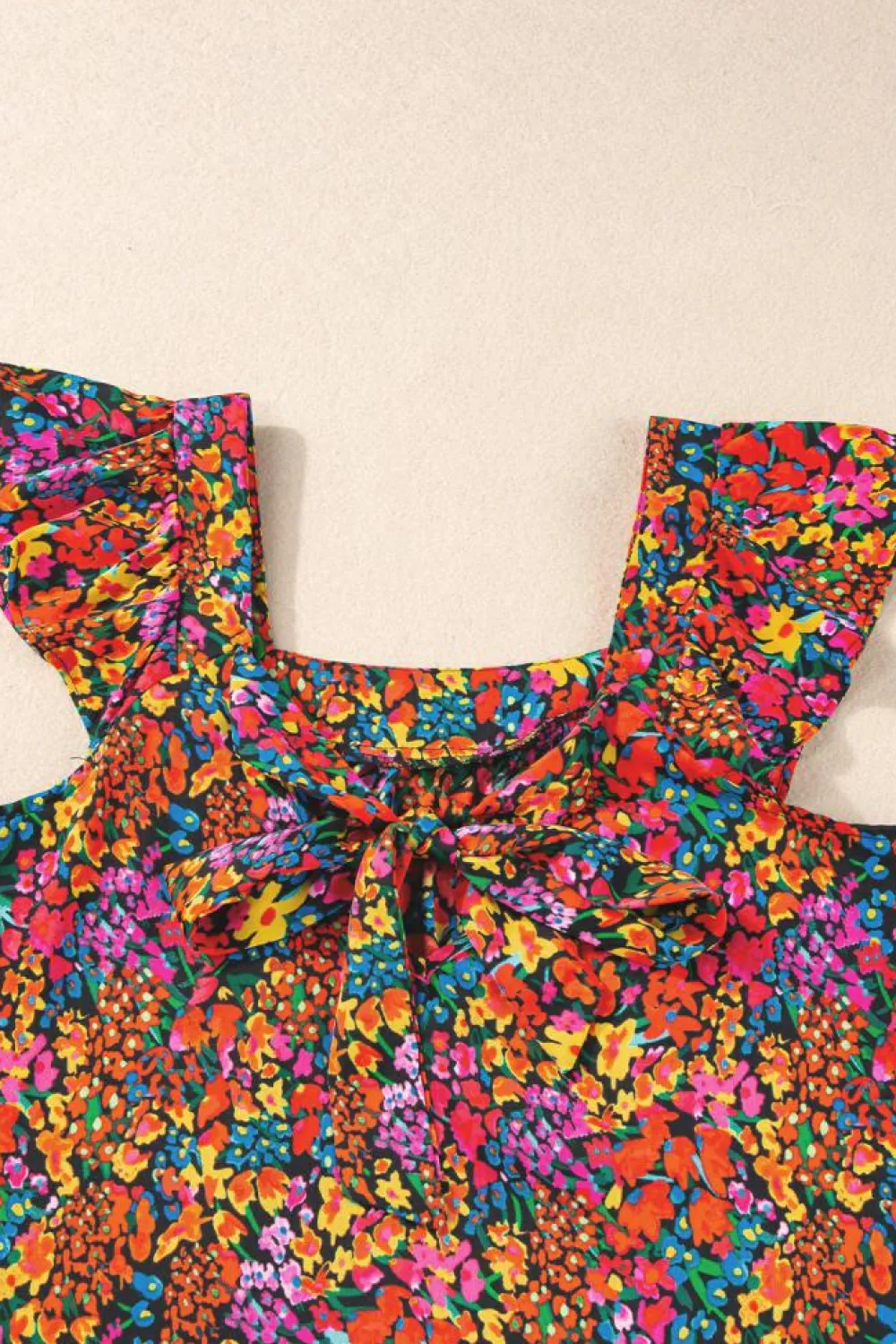 Sale Dear-Lover Floral Print Cap Sleeve Square Neck Back Knot Blouse Multicolour