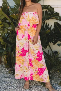 Best Dear-Lover Floral Print Ruffled High Waist Tube Top Loose Jumpsuit Multicolour