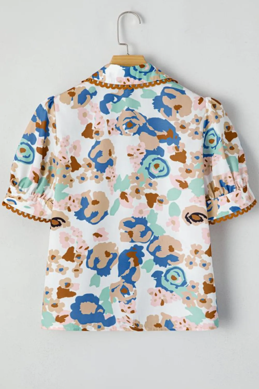 Outlet Dear-Lover Floral Print Ricrac Trim Collared Puff Short Sleeve Shirt Multicolour