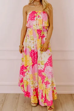 Best Dear-Lover Floral Print Ruffled High Waist Tube Top Loose Jumpsuit Multicolour