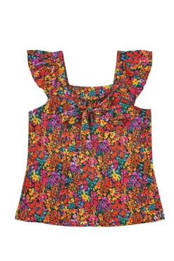 Sale Dear-Lover Floral Print Cap Sleeve Square Neck Back Knot Blouse Multicolour