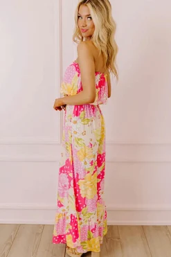 Best Dear-Lover Floral Print Ruffled High Waist Tube Top Loose Jumpsuit Multicolour