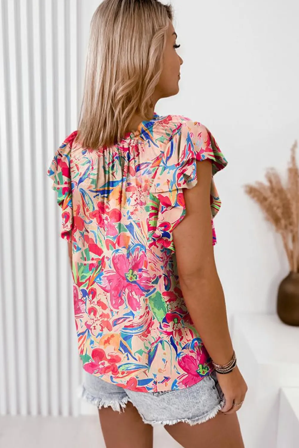 Outlet Dear-Lover Floral Ruffled Sleeve V Neck Summer Blouse Multicolour
