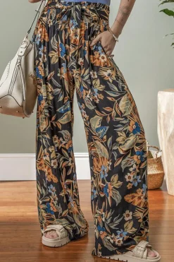 New Dear-Lover Floral Shirred High Waist Wide Leg Pants with Tie Multicolour