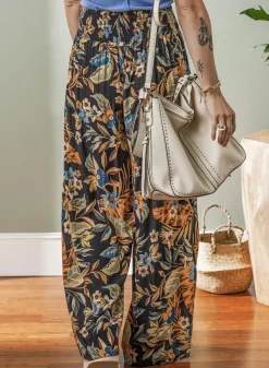 New Dear-Lover Floral Shirred High Waist Wide Leg Pants with Tie Multicolour