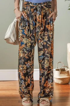 New Dear-Lover Floral Shirred High Waist Wide Leg Pants with Tie Multicolour