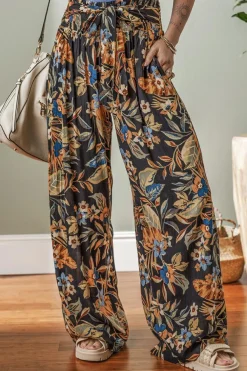 New Dear-Lover Floral Shirred High Waist Wide Leg Pants with Tie Multicolour